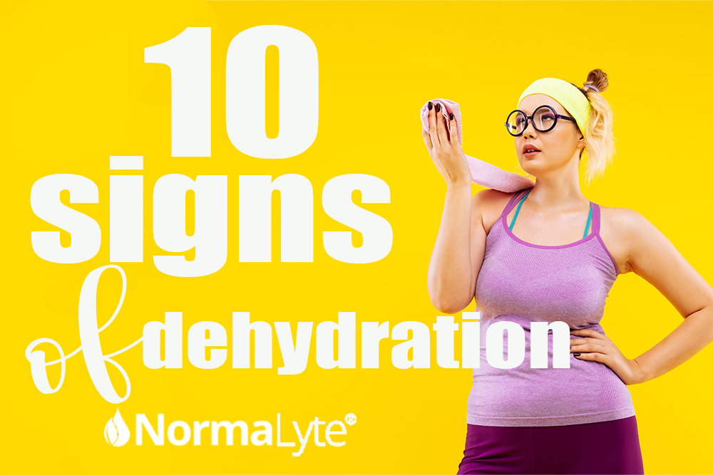 10 Signs of Dehydration.  Woman against yellow background wearing a sweat rag and a purple tank top.  NormaLyte ORS Oral Rehydration Salt Medical Grade Electrolyte