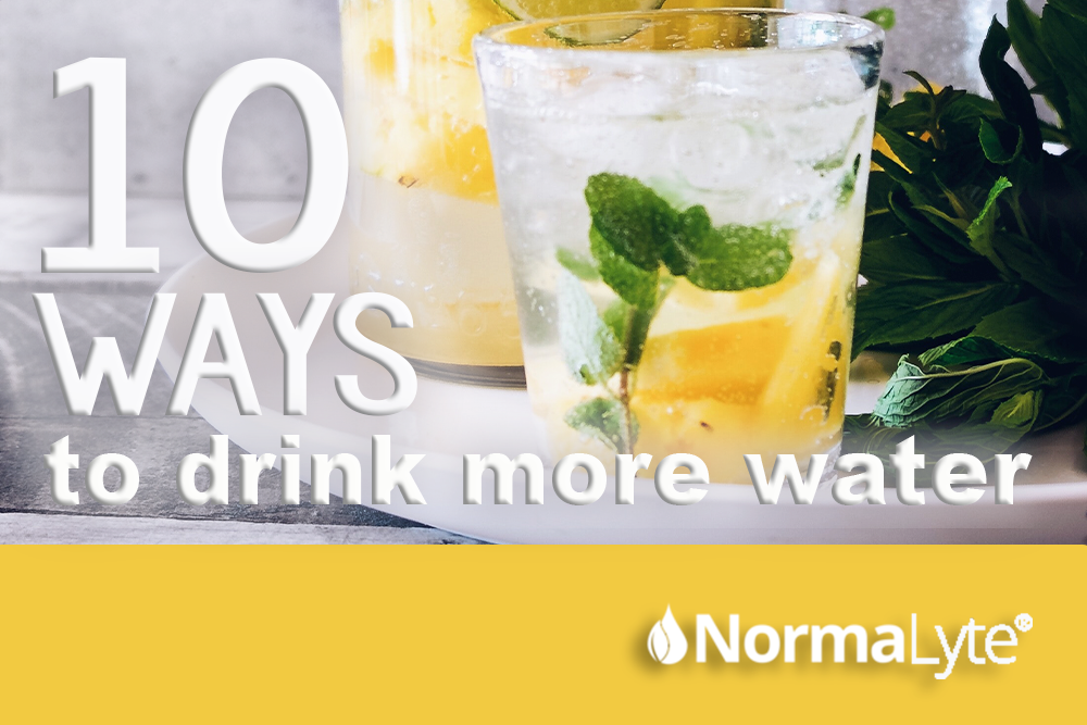 10 Ways to Drink More Water is the headline with NormaLyte logo underneath image of a glass of water with mint and lemon in it.