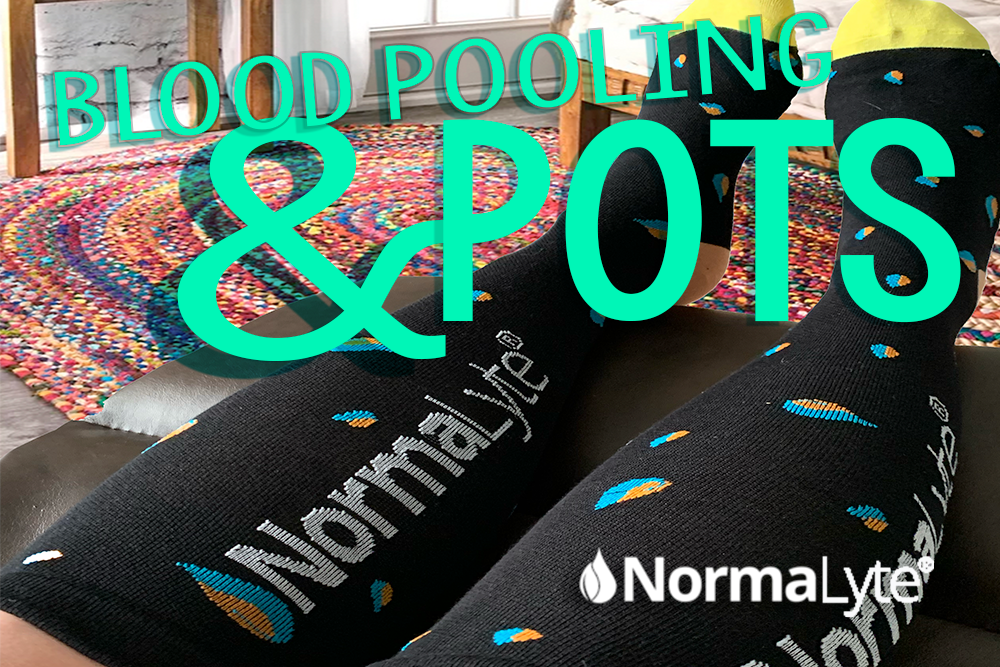 Blood pooling and POTS, woman wearing compression socks with feet propped up in a bohemian style living room | NormaLyte ORS Electrolyte for POTS