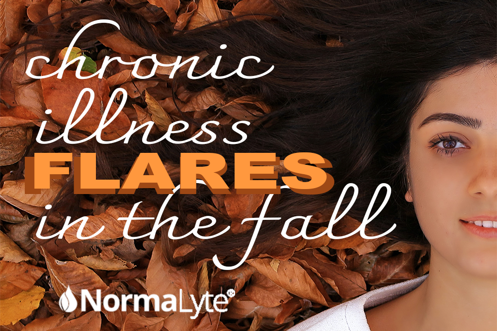 Caption reads chronic illness flares in the fall and has a woman laying in a pile of orange and brown leaves. The NormaLyte logo is at the bottom