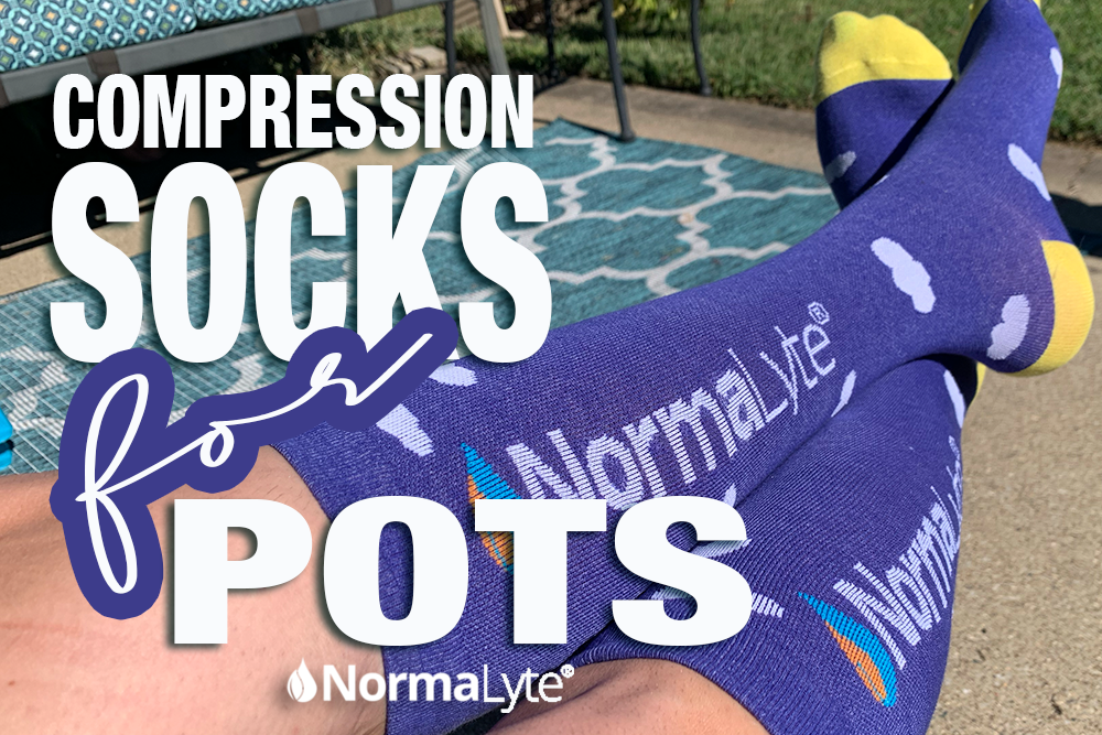Compression socks for POTS.  Cute compression socks with blue background and white clouds