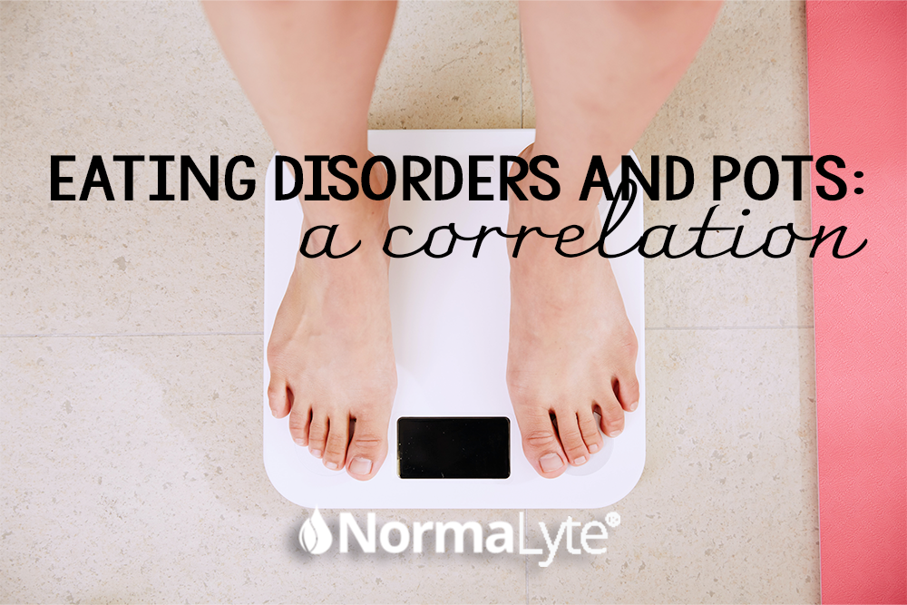 Woman standing on a scale, captions reads "Eating Disorders and POTS: A Correlation" | NormaLyte ORS Oral Rehydration Salts Electrolytes