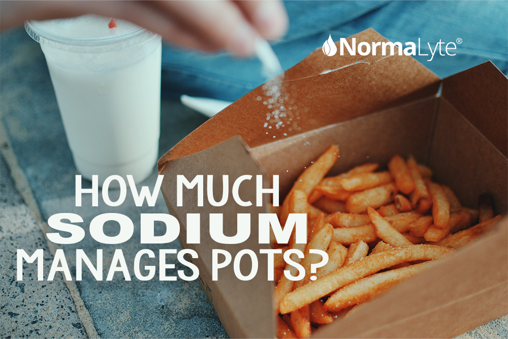 A person salting a basket of french fries with a milkshake in the background. A caption reads "How much sodium manages POTS" with the NormaLyte logo at the top.
