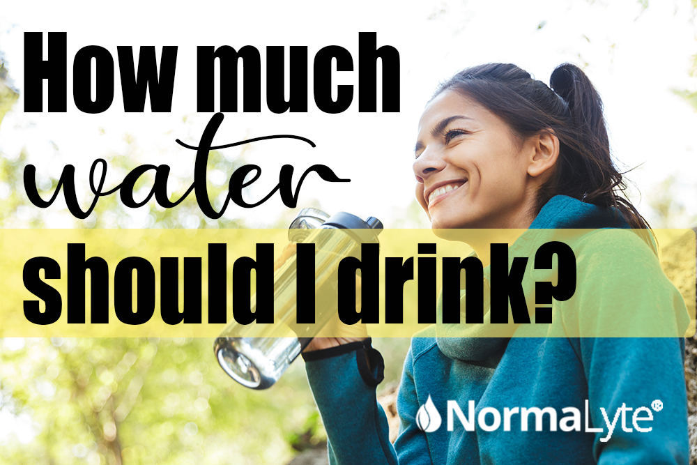 How Much Water Should I Drink?  Woman out in nature holding a water bottle.  NormaLyte ORS Oral Rehydration Salt Medical grade electrolyte