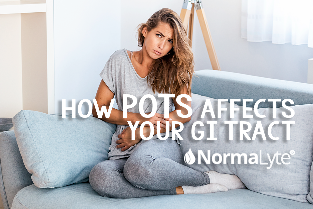 Woman with cramps holding her abdomen with a caption that reads How POTS affects your GI Tract and with the NormaLyte logo at the bottom of the image.  | NormaLyte ORS electrolyte for POTS