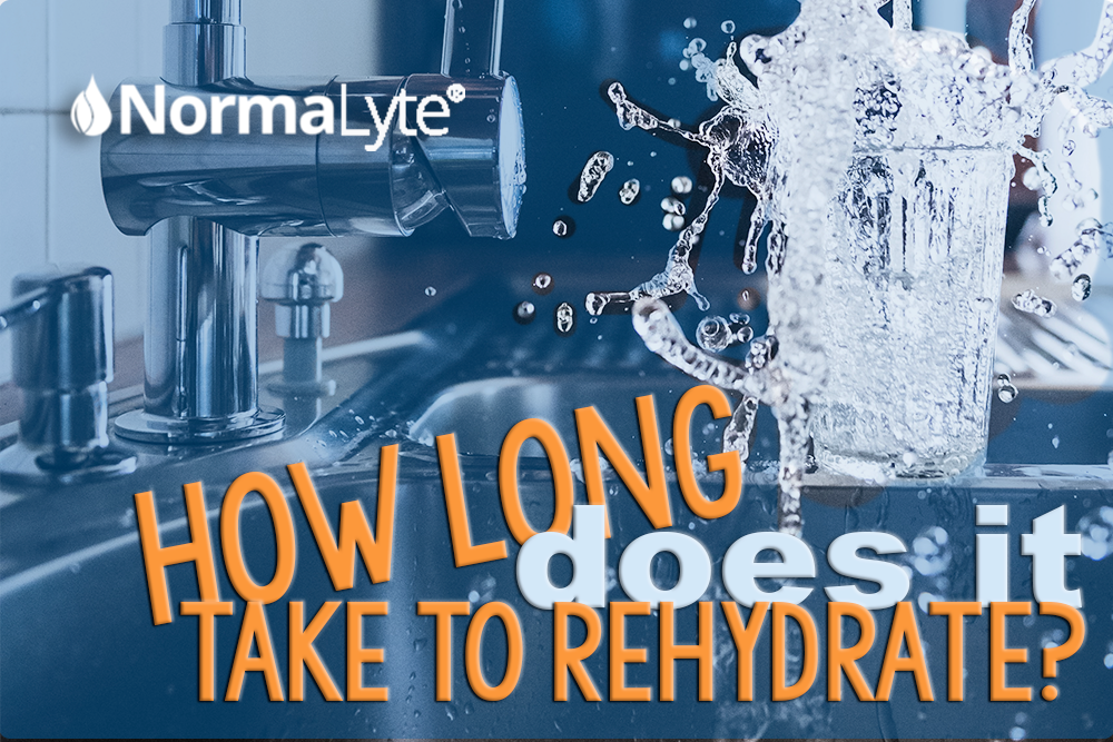 Glass of water at a faucet overfilling. Caption reads "how long does it take to rehydrate?" NormaLyte logo in white.