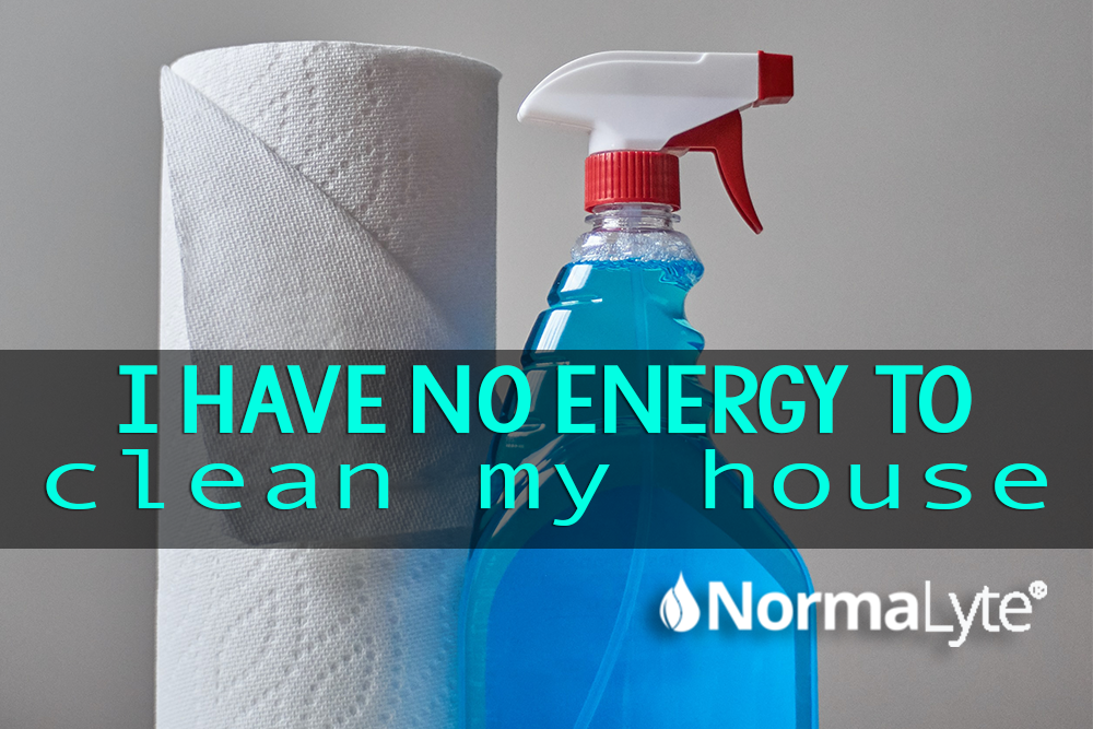 Paper towel roll with a bottle of blue liquid cleaner.  Caption reads: I have no energy to clean my house 10 tips when you're low on spoons.  NormaLyte ORS Oral Rehydration Salt Electrolyte Powder