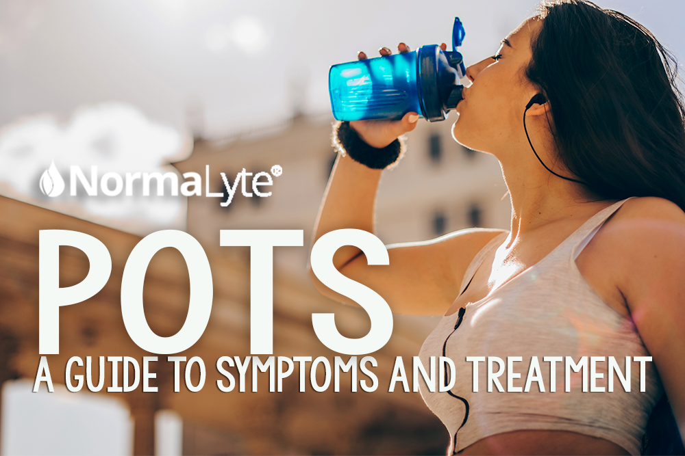 A woman with postural orthostatic tachycardia syndrome drinking from a blue water bottle outdoors.  Headline reads "POTS: a Guide to Symptoms and Management" with the NormaLyte logo in white.