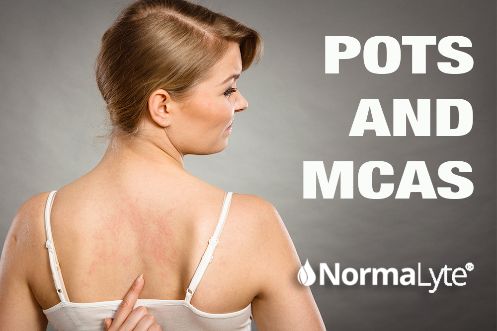 Headline reads POTS and MCAS with the NormaLyte logo at the bottom. Image is a white woman with blond hair in a tank top with an allergic reaction rash on her back