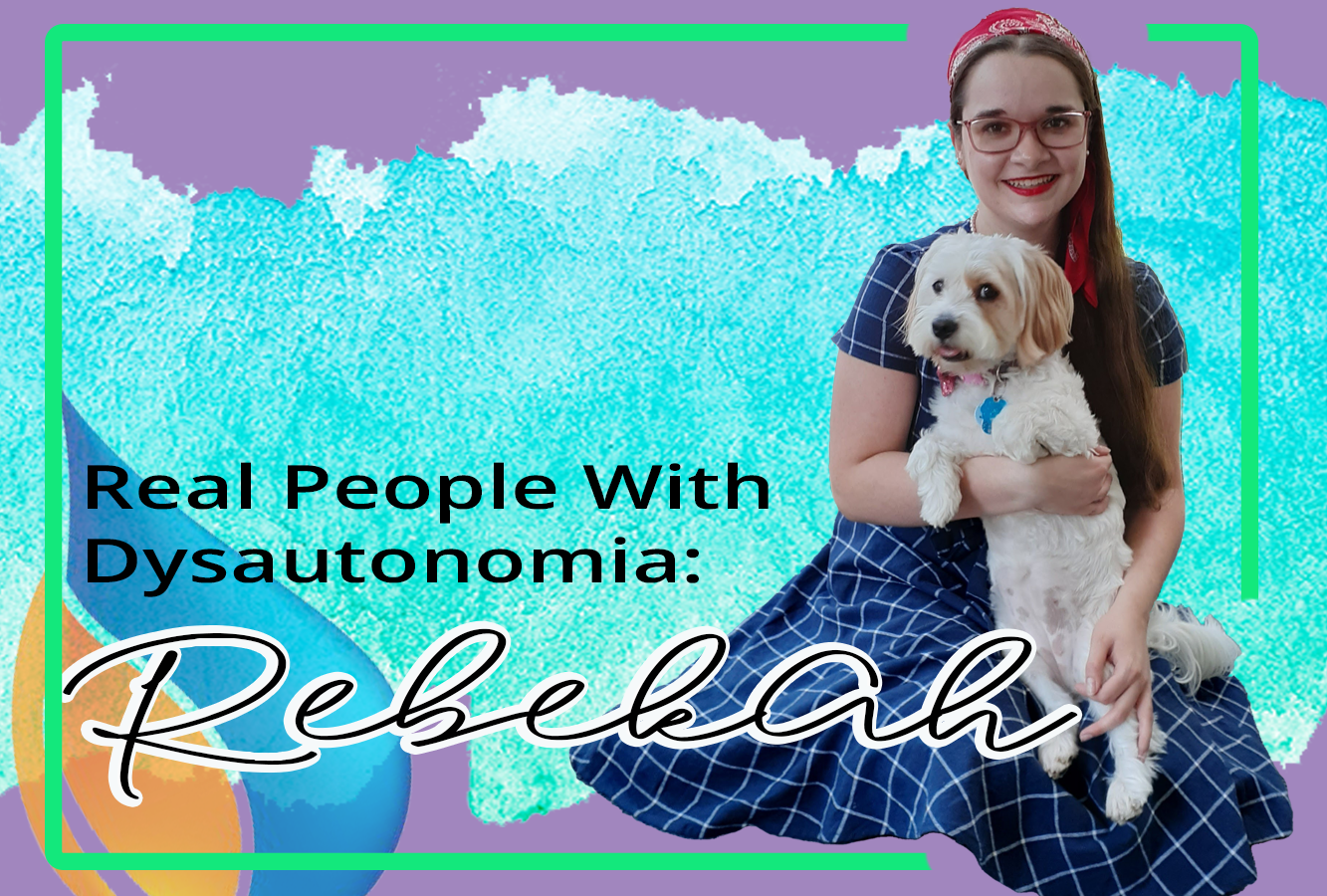 Real People With Dysautonomia: Rebehak, a preschool chef.  Rebekah is holding her dog and sitting in a blue dress | NormaLyte ORS Electrolyte for POTS