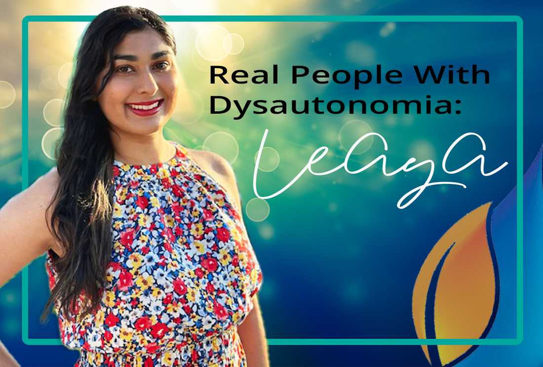 Real People With Dysautonomia: Leaya, an indian woman with POTS wearing a floral print, dark long hair