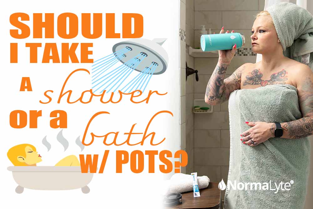 Should I Take a Bath or Shower With POTS? | Woman with POTS standing after a shower wrapped up in a green towel holding a steel tumbler of NormaLyte.