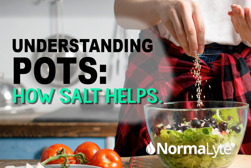 Young woman salting her food because she has POTS, caption reads "Understanding POTS: How Salt Helps" | NormaLyte ORS Electrolyte for Chronic Illness