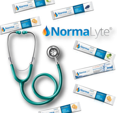 NormaLyte Physician's request for free samples.  Image is a stethescope and normalyte drink powders