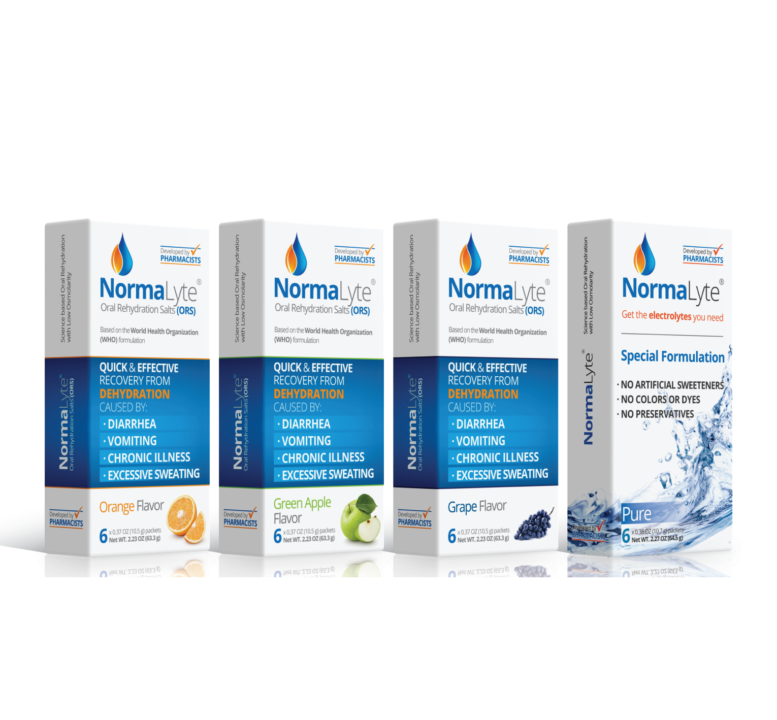 Hydration Boxes - NormaLyte Oral Rehydration Salts (ORS) - Electrolyte Powder Sticks.  Image shows 4 flavor options: Orange, Green Apple, Grape, and PURE (flavorless).