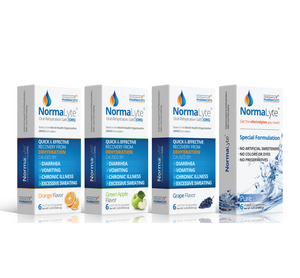 Hydration Boxes - NormaLyte Oral Rehydration Salts (ORS) - Electrolyte Powder Sticks.  Image shows 4 flavor options: Orange, Green Apple, Grape, and PURE (flavorless).
