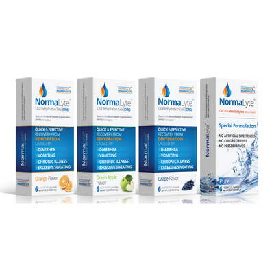 Hydration Boxes - NormaLyte Oral Rehydration Salts (ORS) - Electrolyte Powder Sticks.  Image shows 4 flavor options: Orange, Green Apple, Grape, and PURE (flavorless).