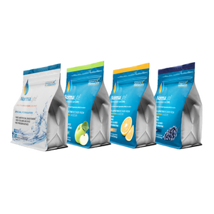 NormaLyte Hydration Bags - all flavors - 30 electrolyte sticks in each bag.  Image shows the four flavors; PURE, Green Apple, Orange, and Grape