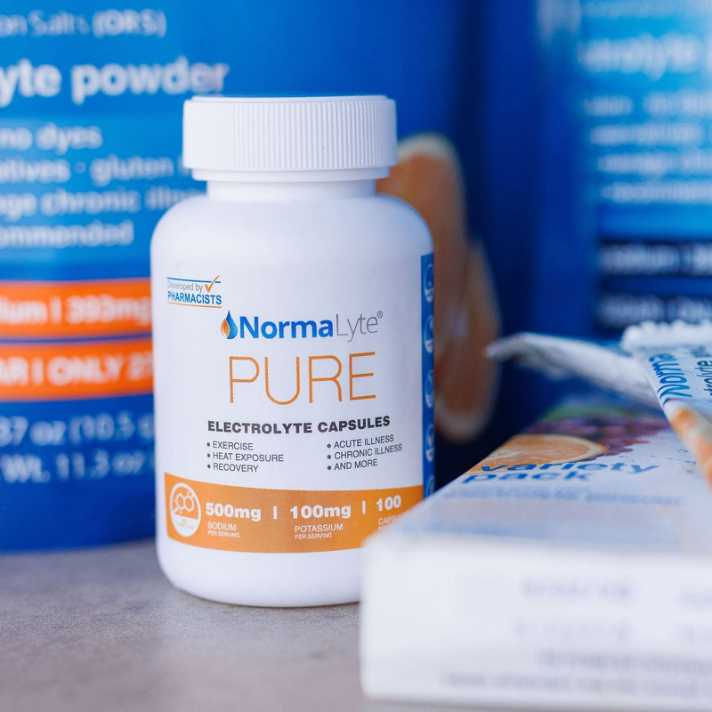 NormaLyte Pure electrolyte supplement bottle with packaging in the background