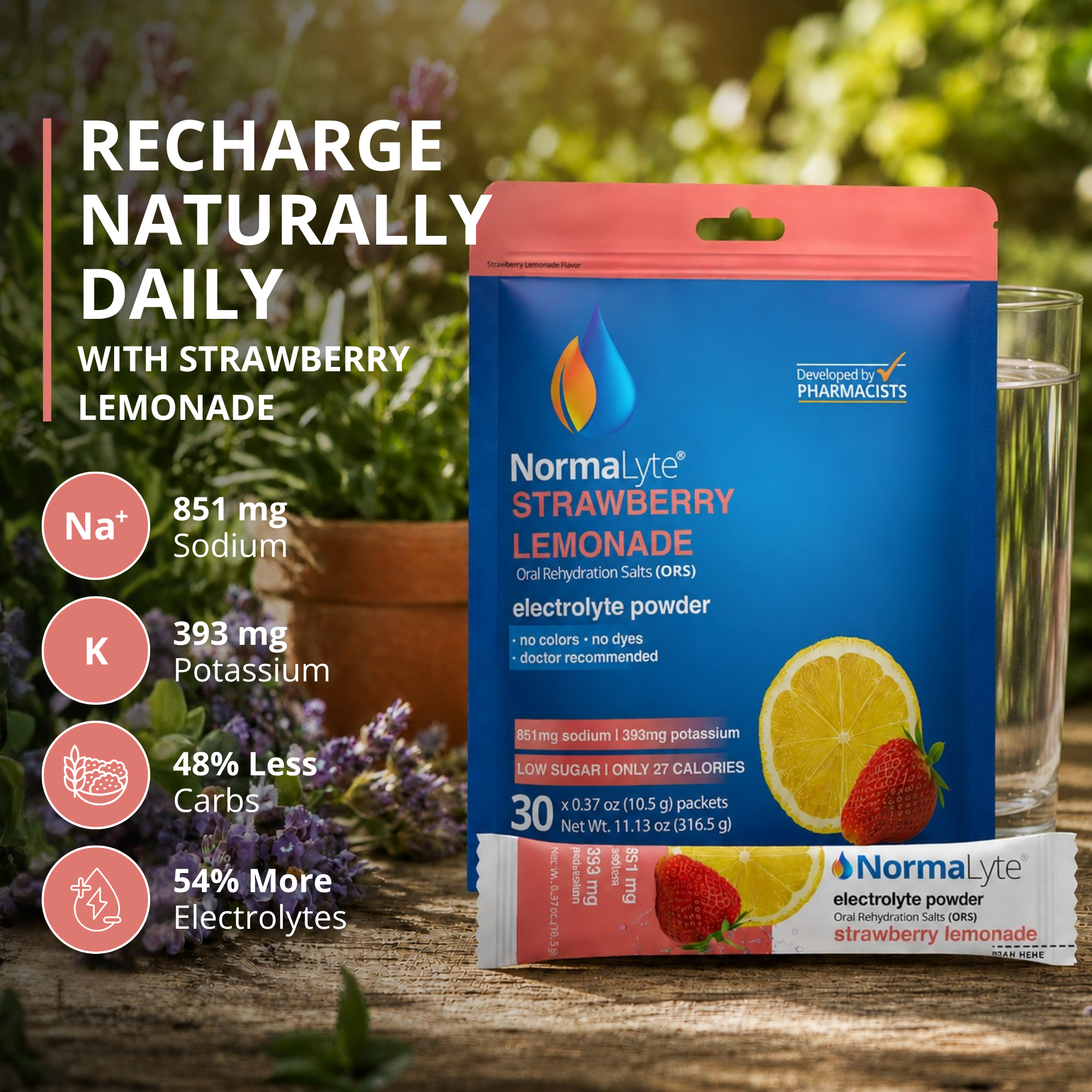 A package of Normalylite Strawberry Lemonade electrolyte powder stands on a wooden surface with a glass of water and a blurred outdoor garden background. The package is blue with a coral-pink cap and a lemon-and-strawberry graphic.