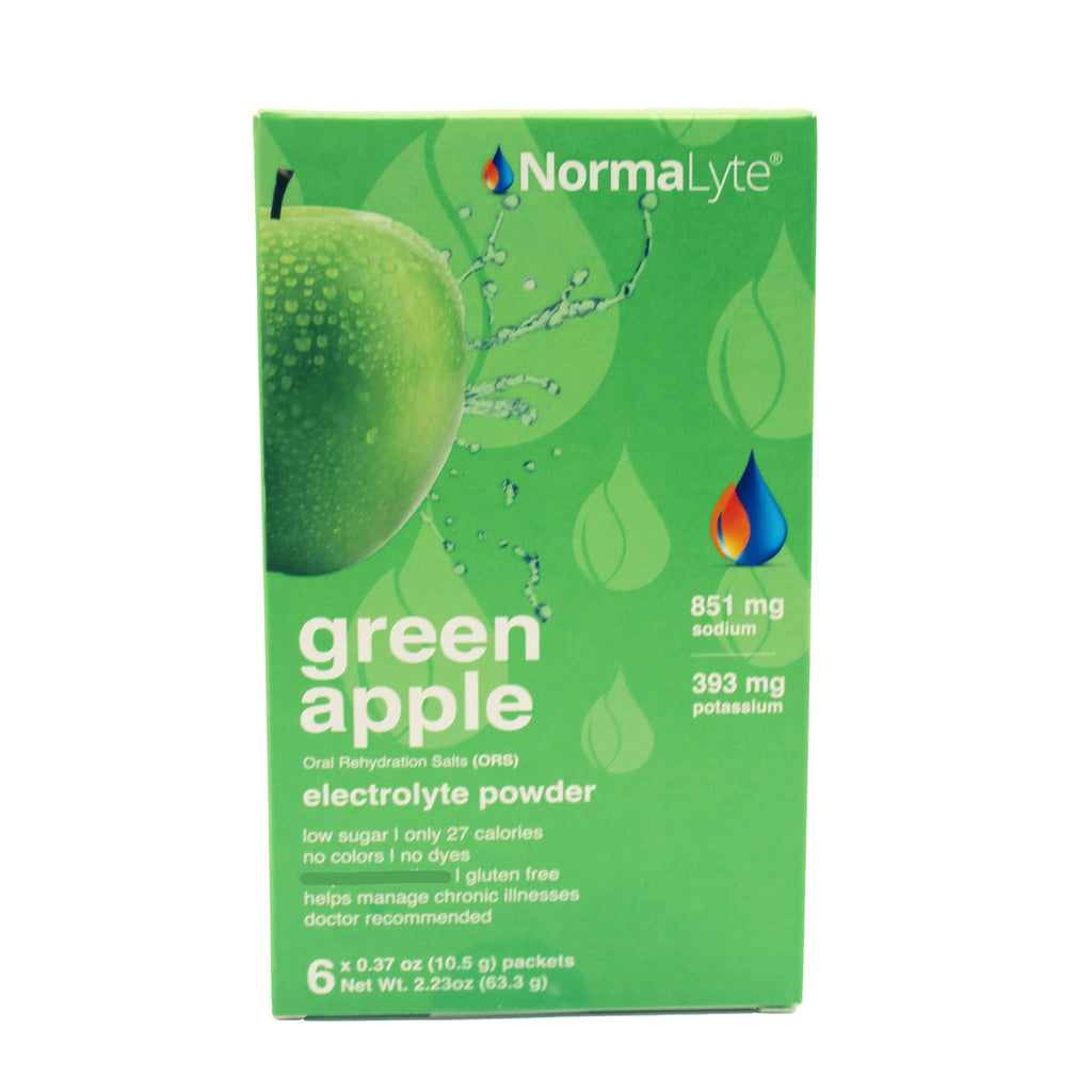 Box of NormaLyte green apple electrolyte powder on a white background