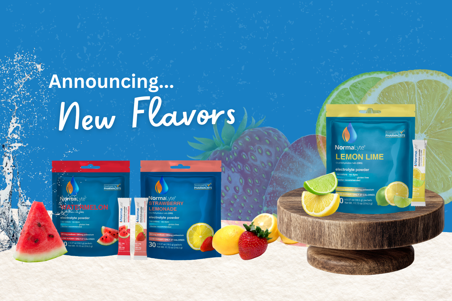 Promotional image of new flavors with fruit and packaging on a blue background