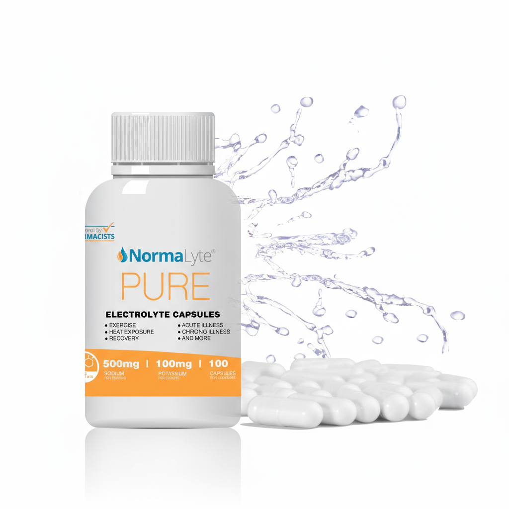 A bottle of NormaLyte PURE Electrolyte Salt Capsules with capsules displayed in front. The bottle is labeled with the product name and dosage information, and there are water droplets around the capsules, emphasizing hydration.