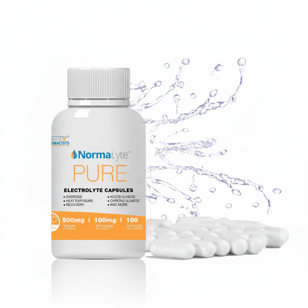 A bottle of NormaLyte PURE Electrolyte Salt Capsules with capsules displayed in front. The bottle is labeled with the product name and dosage information, and there are water droplets around the capsules, emphasizing hydration.