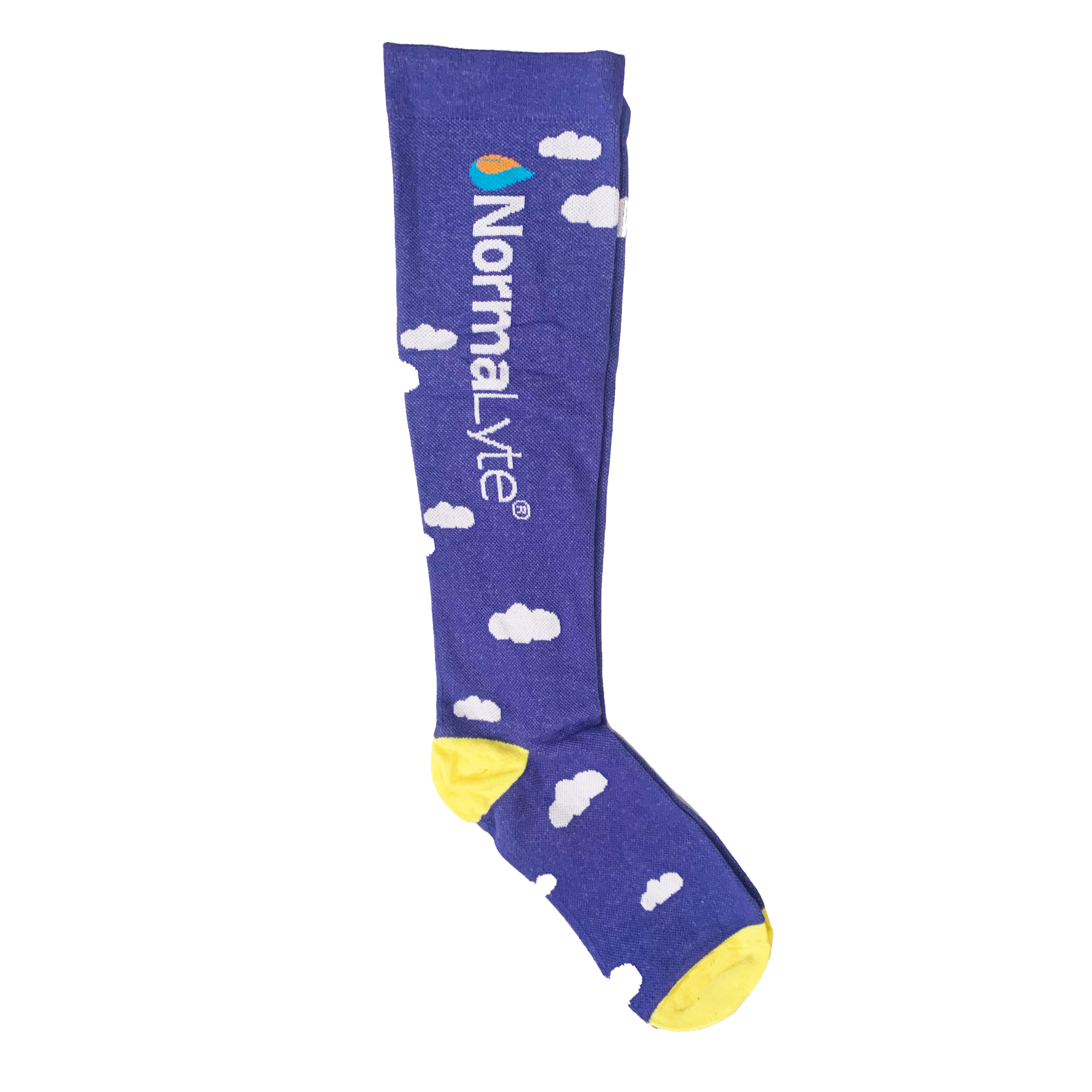 Compression socks with cloud print on them and the NormaLyte logo