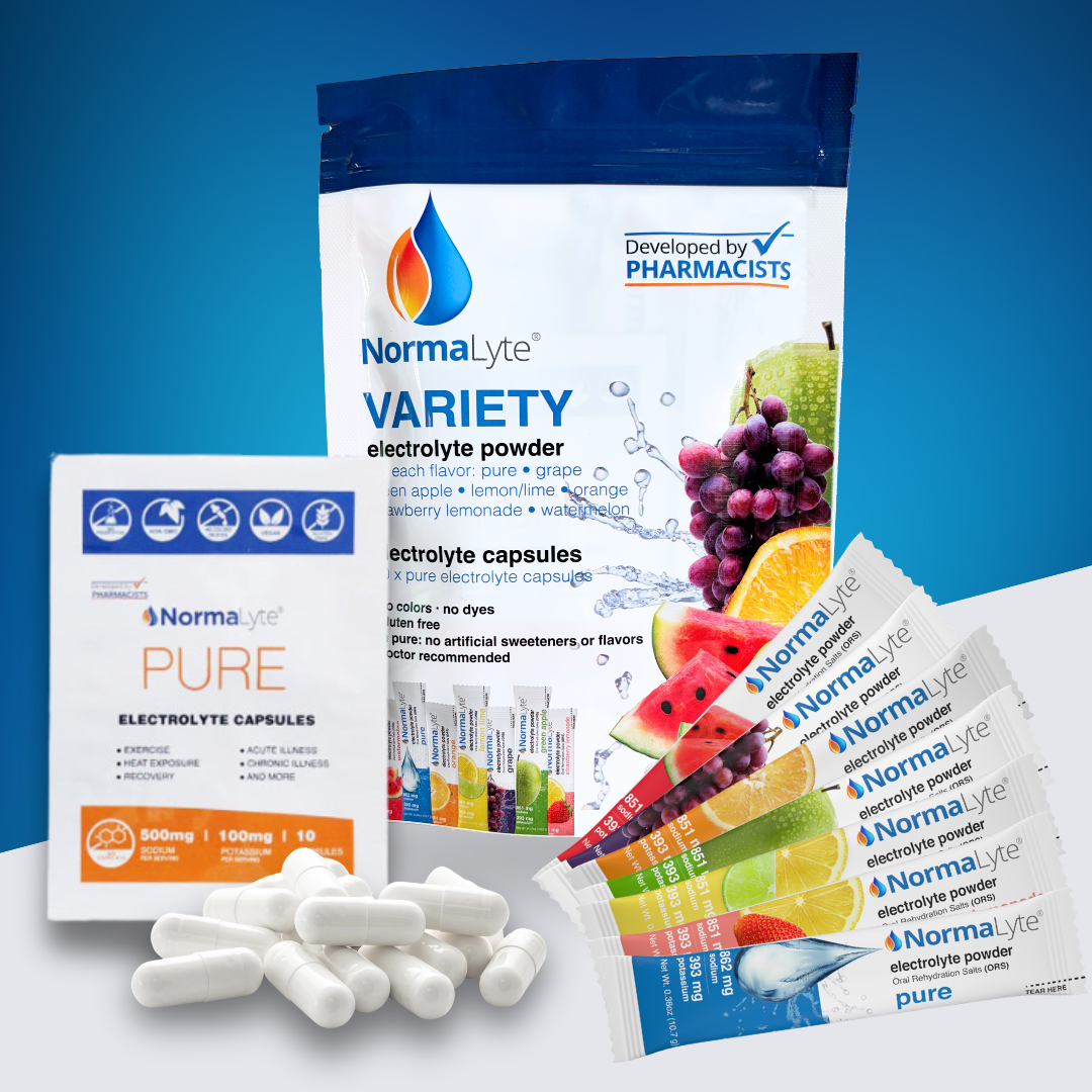 Normalyte electrolyte powder and capsules packaging on a blue background