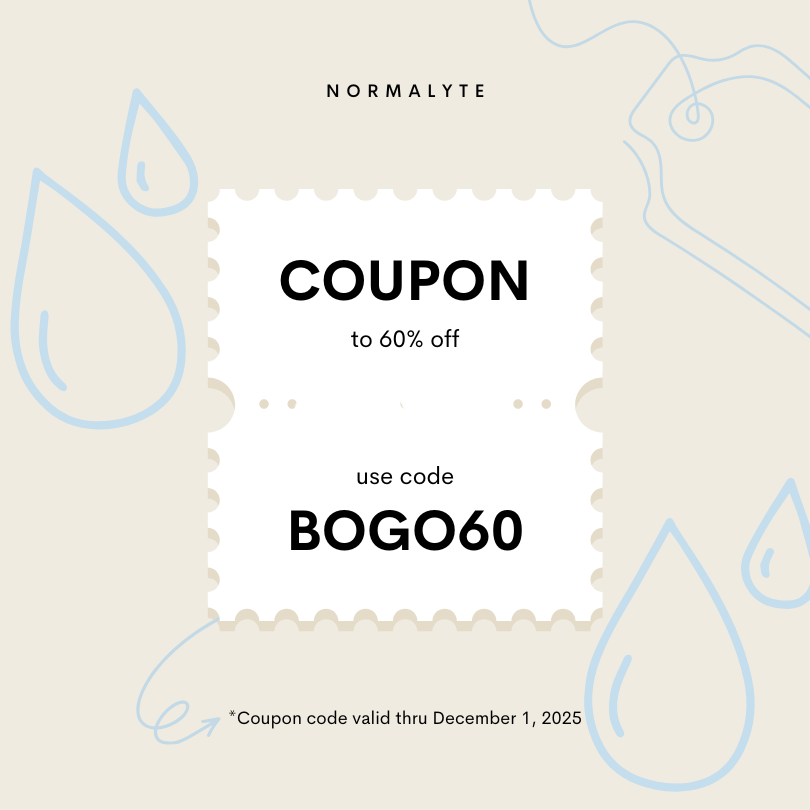 Coupon for 60% off with code BOGO60 from Normalyte on a beige background with blue line art.