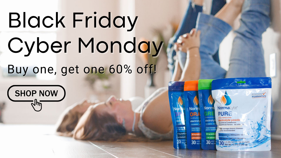 Advertisement for Black Friday and Cyber Monday sale with supplement products on a table.