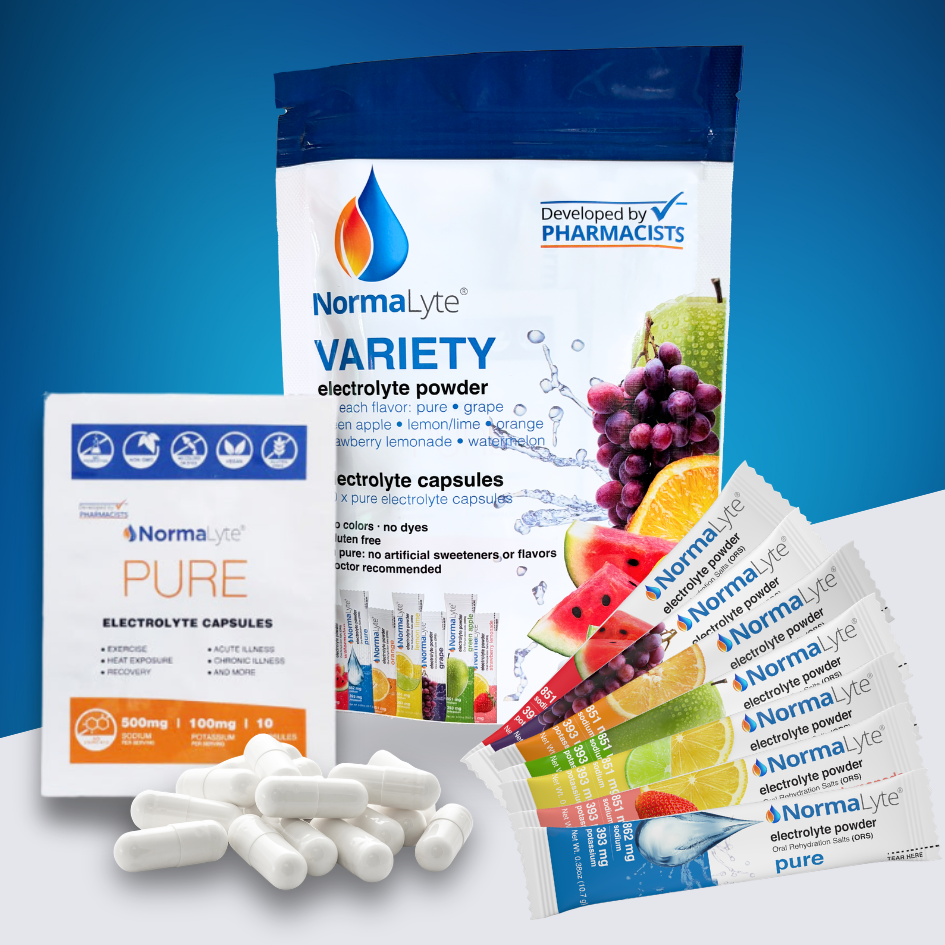 Sample pack of NormaLyte contains one of each of the seven flavors of sticks, and a 10 count capsule sample.