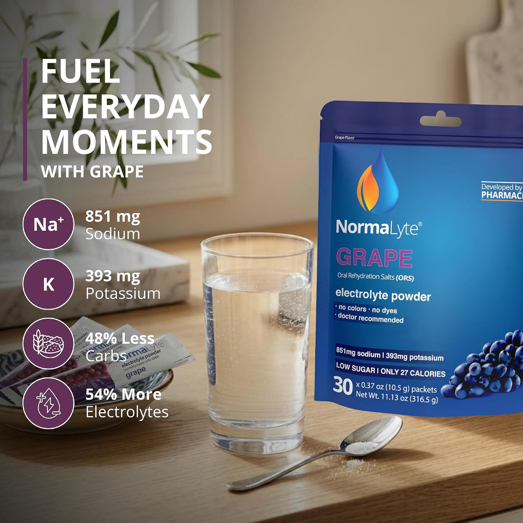 A stand-up pouch of NormalLyte Grape electrolyte powder sits on a wooden table beside a glass of water and a spoon, with marketing text and benefit callouts about sodium, potassium, carbs, and electrolytes. The scene is a real indoor environment with soft natural light and blurred background decor, so this is Lifestyle rather than Product/Packaging.