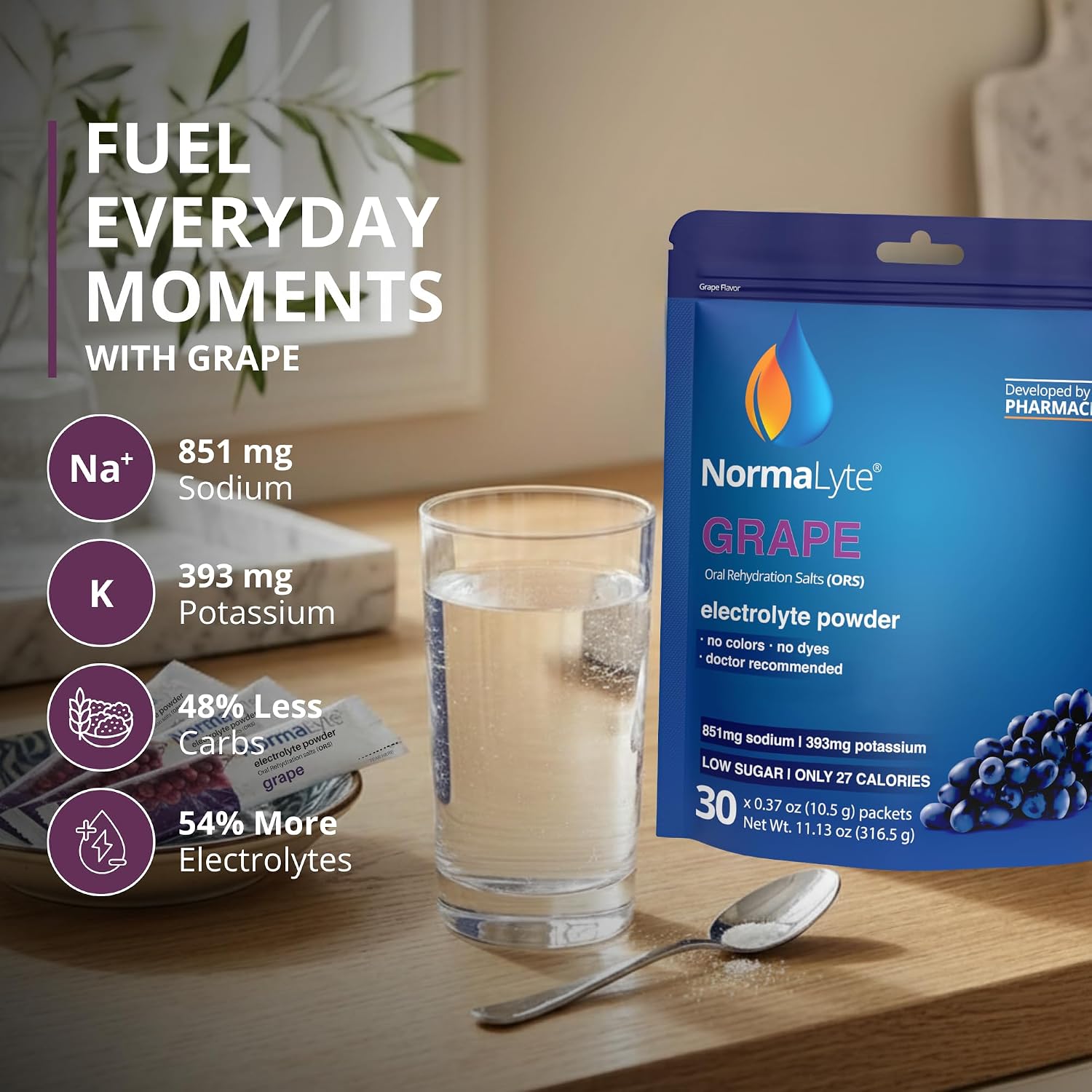 A stand-up pouch of NormalLyte Grape electrolyte powder sits on a wooden table beside a glass of water and a spoon, with marketing text and benefit callouts about sodium, potassium, carbs, and electrolytes. The scene is a real indoor environment with soft natural light and blurred background decor, so this is Lifestyle rather than Product/Packaging.
