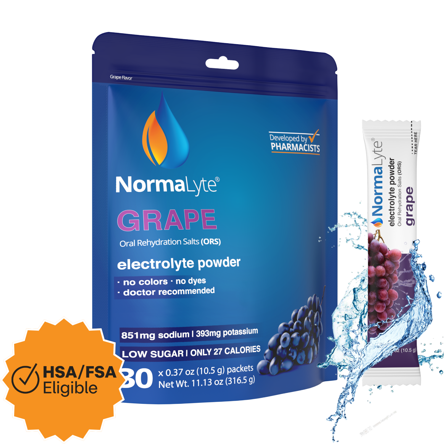 NormaLyte Grape Hydration Bag - 30 Sticks - FSA/HSA Eligible Item