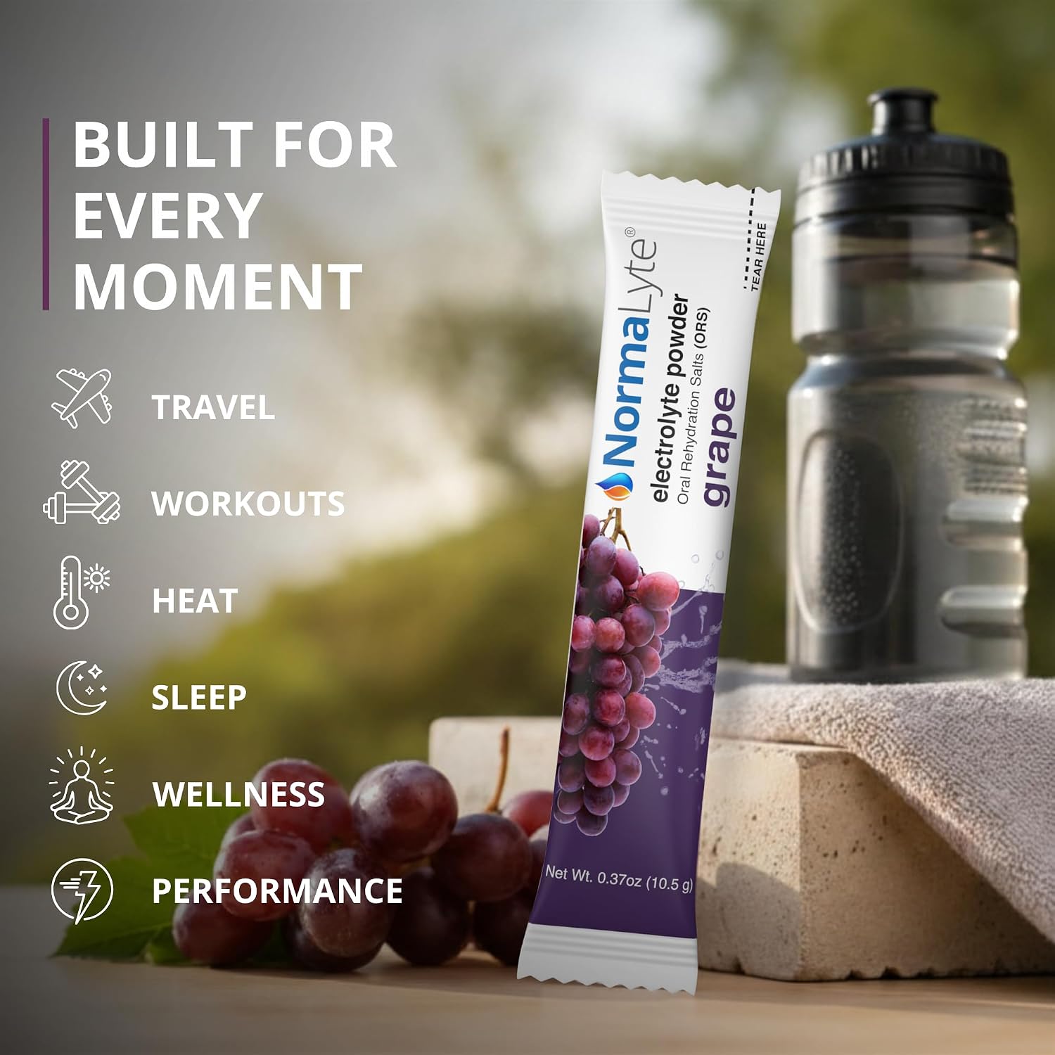 A NormaLyte grape electrolyte powder stick pack stands upright on a stone surface with grapes and a water bottle in a blurred outdoor setting. Text on the left lists activities like travel, workouts, heat, sleep, wellness, and performance.