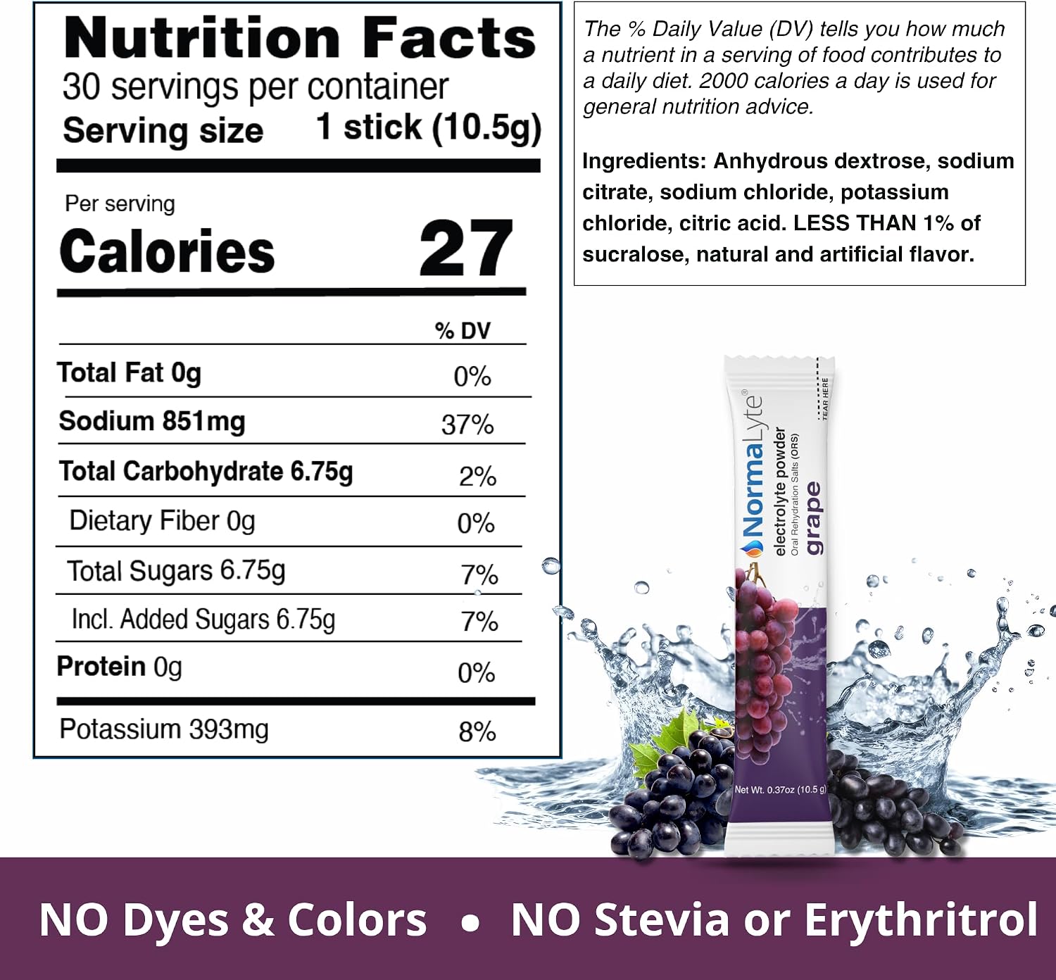 A nutrition facts label for a grape-flavored stick pack, shown alongside the product tube packaging and a splash graphic. The label details calories, fat, sodium, carbohydrate, fiber, sugars, protein, and potassium.