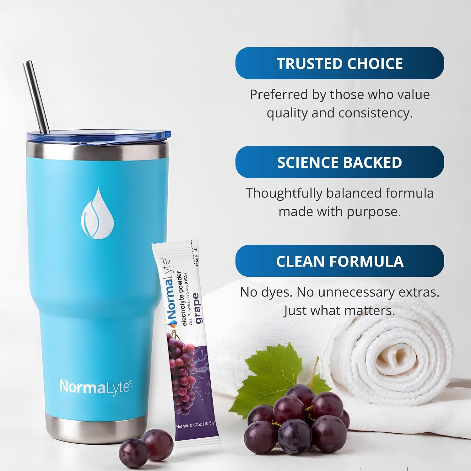 A light blue Normalyte insulated tumbler with a straw and silver rim, shown beside a grape flavor supplement stick pack, grapes, and a rolled towel on a white background with marketing text.