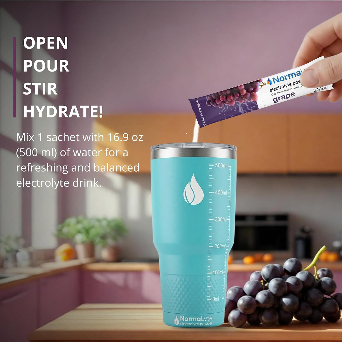 A turquoise insulated tumbler with measurement markings sits on a kitchen counter, with a hand pouring a grape-flavored electrolyte sachet into it. White text on the left reads 'OPEN POUR STIR HYDRATE!' and the tumbler shows the Normalt brand.