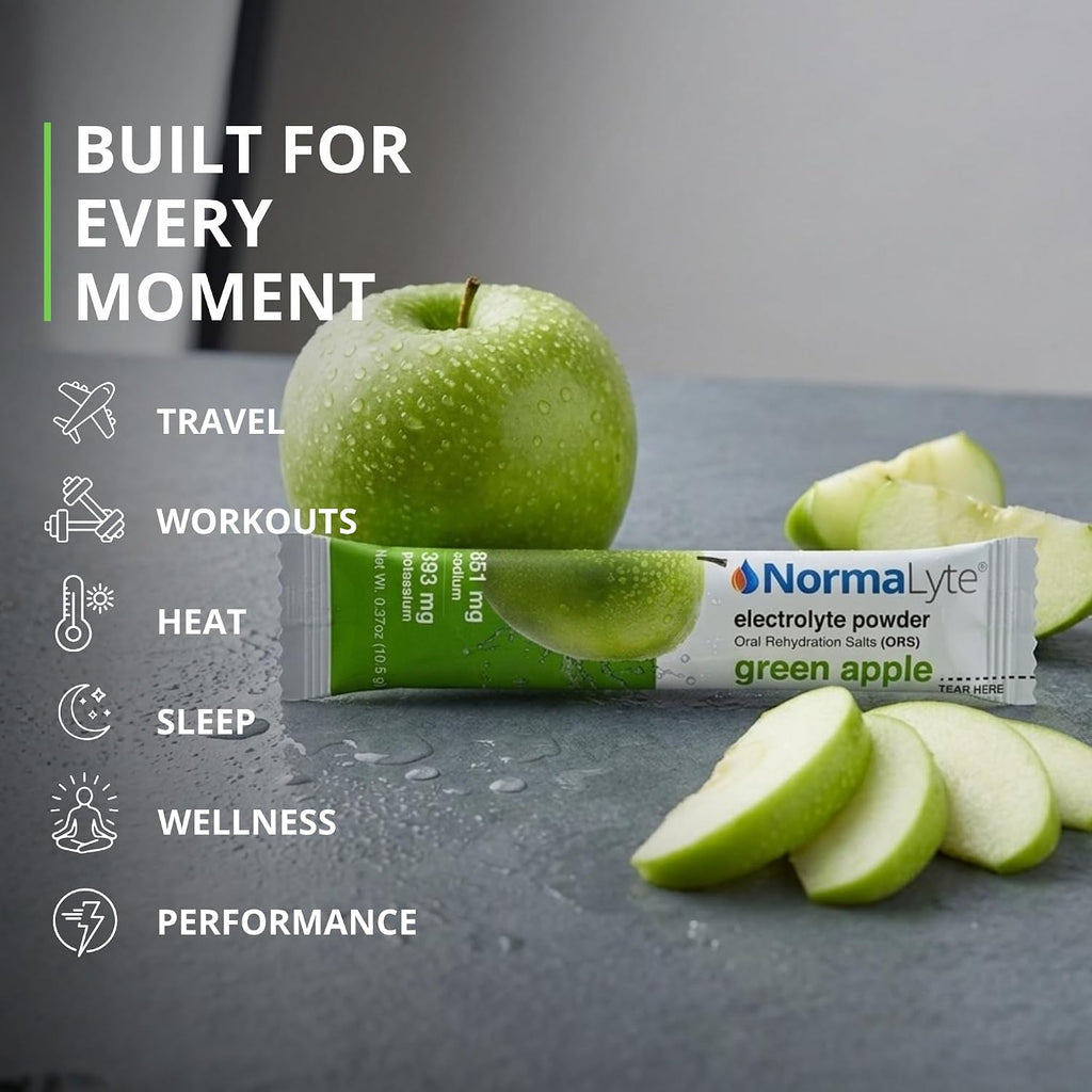 A single NormaLyte green apple flavored electrolyte powder stick pack lies on a dark gray surface with a whole green apple and apple slices behind it. Large marketing text on the left lists travel, workouts, heat, sleep, wellness, and performance.