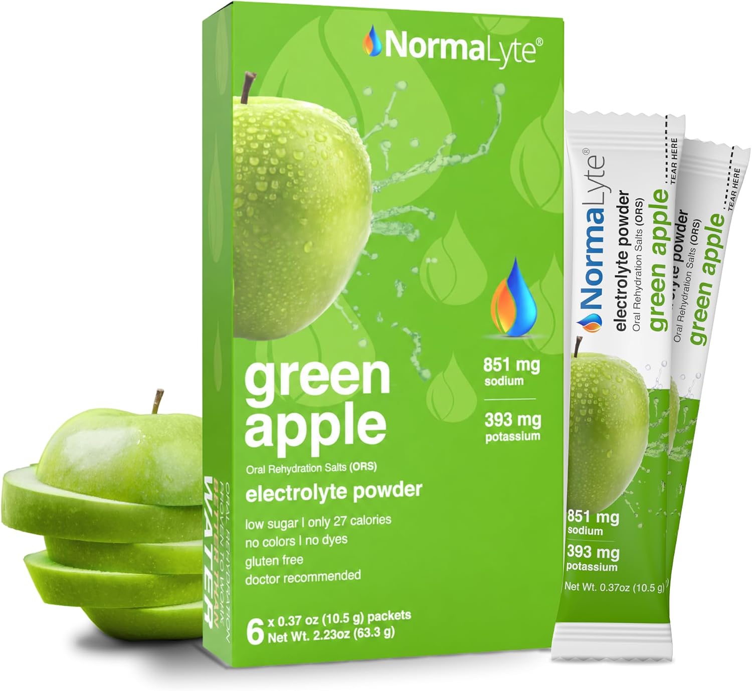 A green box of NormaLyte electrolyte powder in green apple flavor, shown with two single-serve packets and green apple slices on a white background.