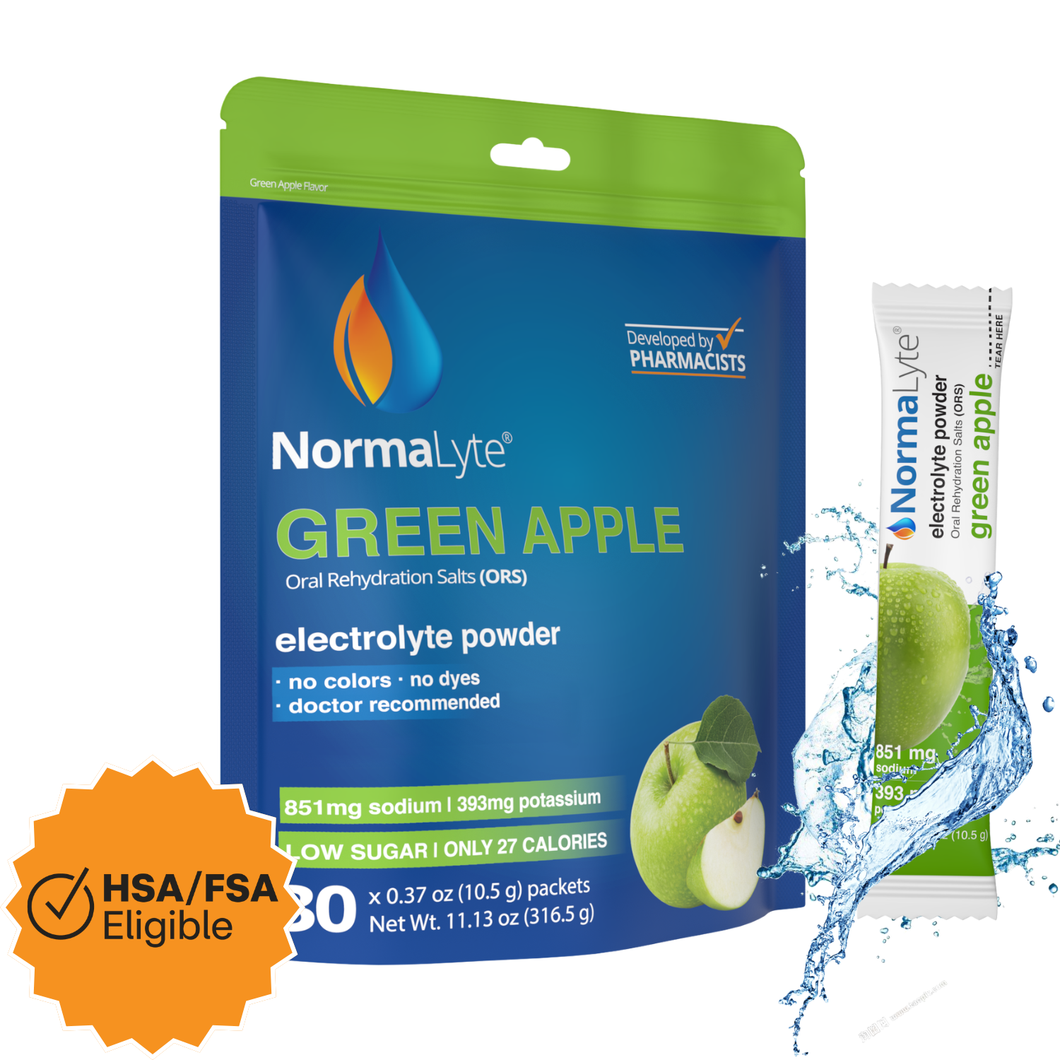 NormaLyte Green Apple Hydration Bag - 30 Sticks - FSA/HSA Eligible Item