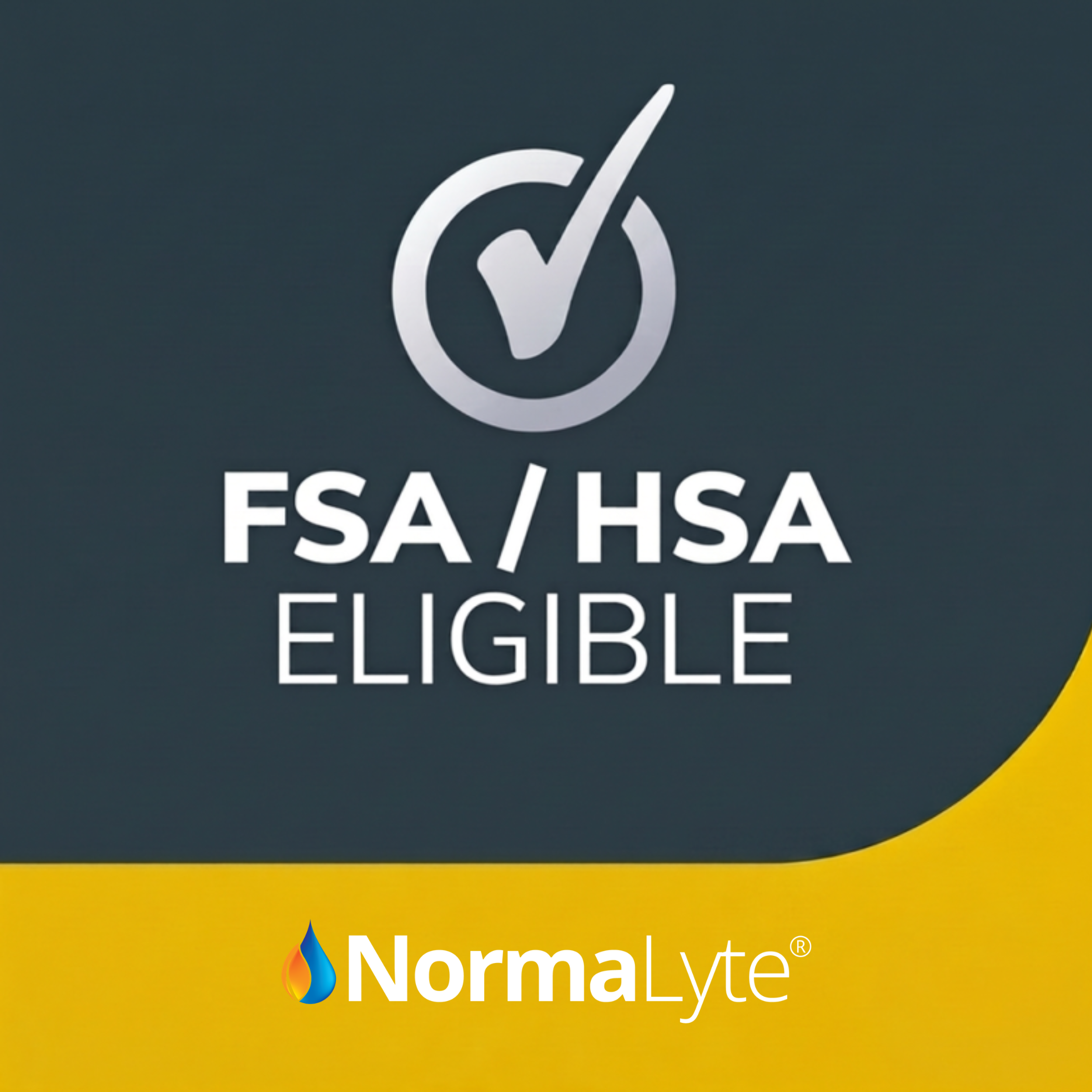 NormaLyte logo with FSA/HSA Eligible text on a dark blue and yellow background