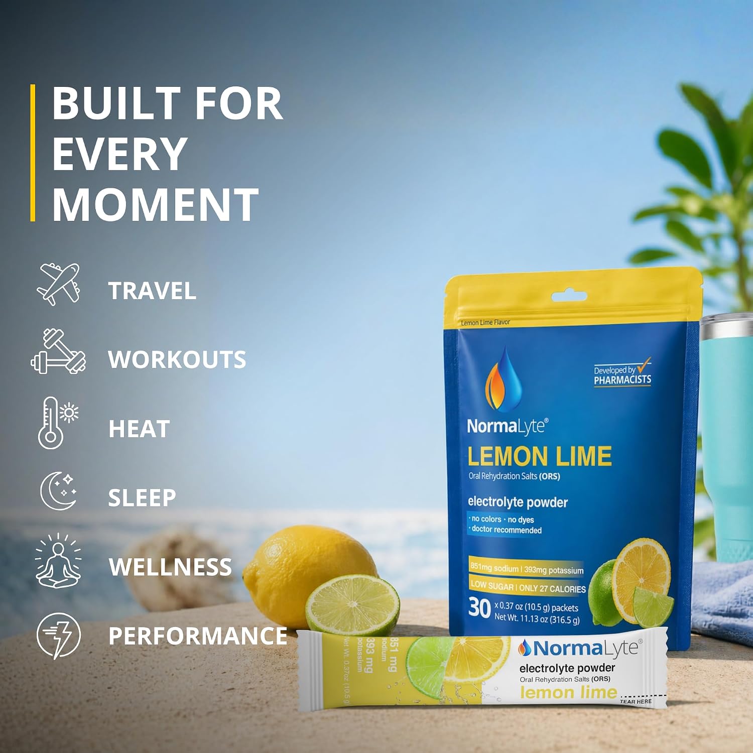 A bag of NormaLyte lemon lime with the caption Built for Every Moment