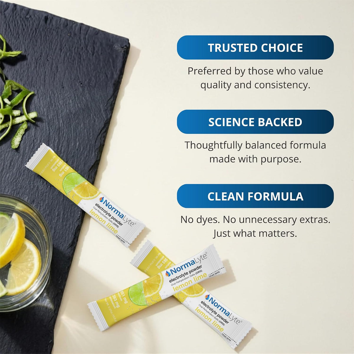 Three NormasTeel electrolyte packets arranged on a cream-colored surface next to a dark slate tray with lemon slices and mint leaves. Three blue text banners on the right read 'TRUSTED CHOICE', 'SCIENCE BACKED', and 'CLEAN FORMULA' with supporting text below.