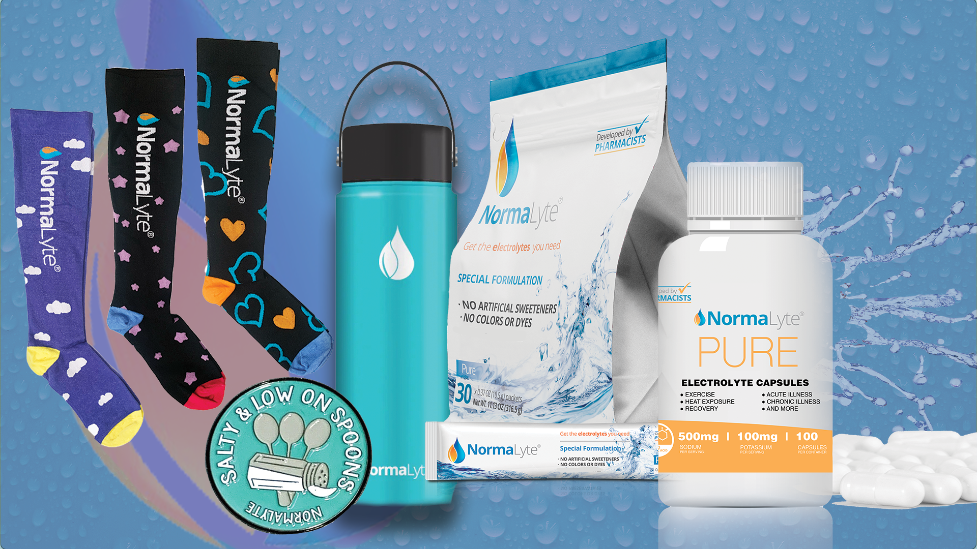 Collection of NormaLife products including socks, a water bottle, and supplements on a blue background.