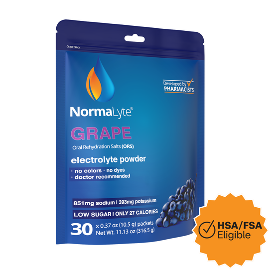 NormaLyte Grape electrolyte powder package with blue background