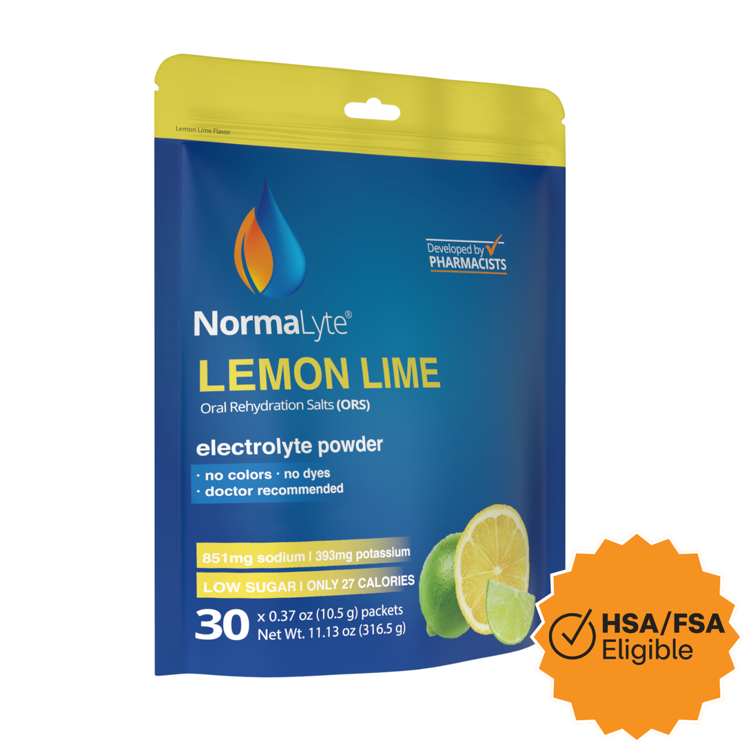 Normalyte Lemon Lime electrolyte powder package on a white background
