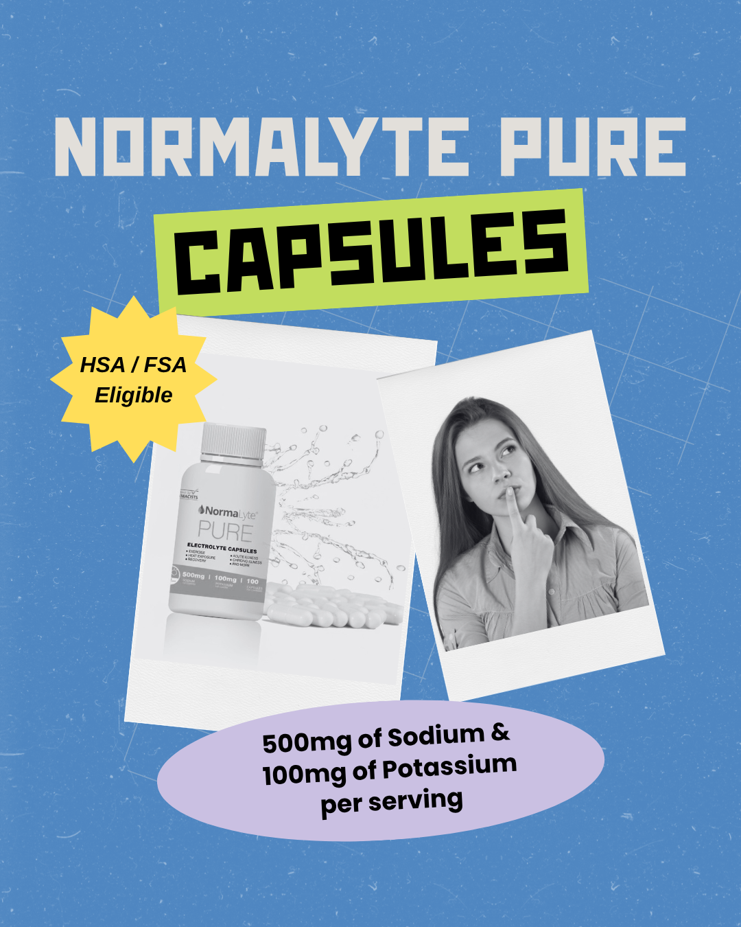 Promotional graphic for Normalyte Pure Capsules on a textured blue background. The design features a bottle of capsules, a starburst badge stating 'HSA / FSA Eligible', and a black-and-white photo of a woman in thought, with text detailing the supplement's sodium and potassium content.